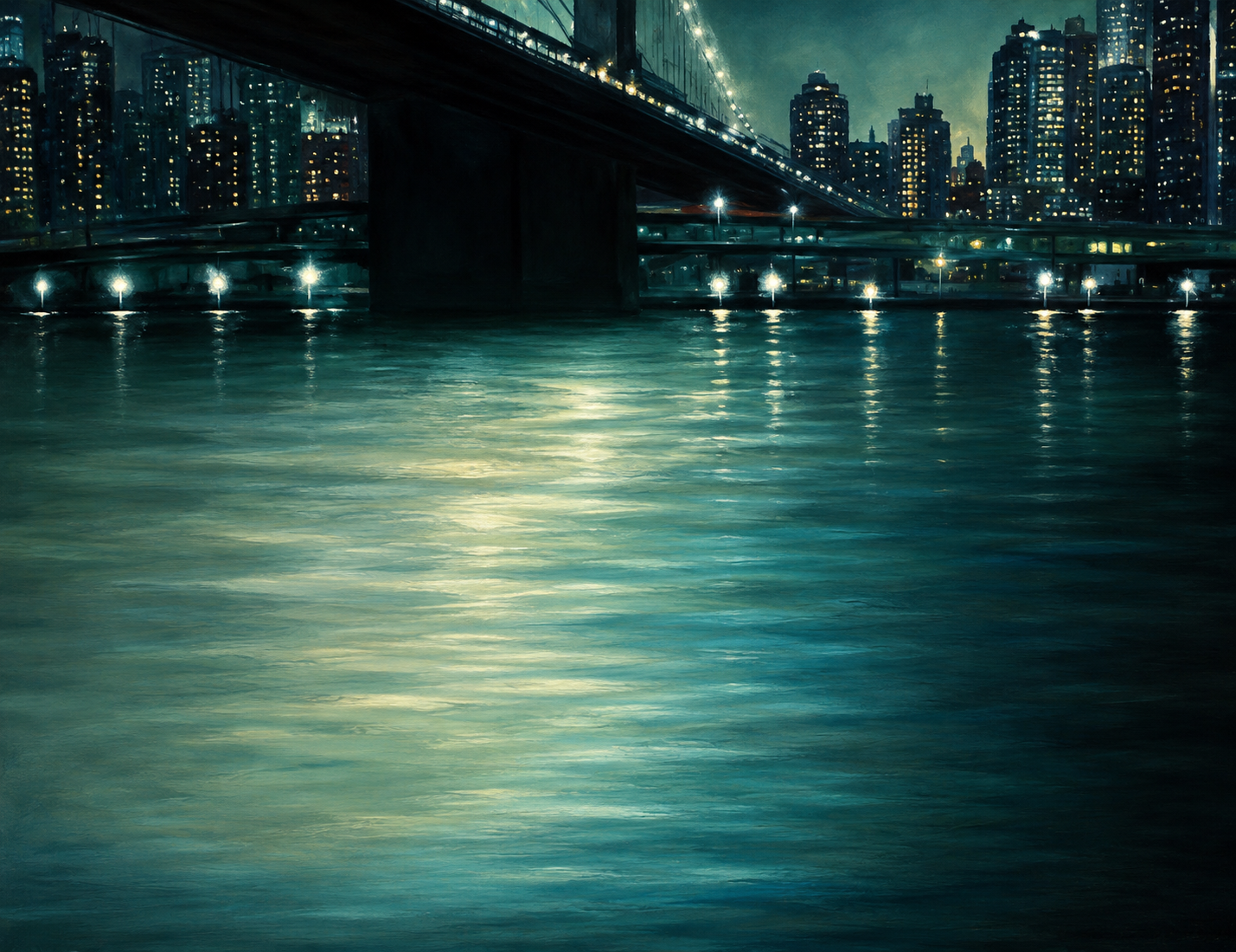 Night cityscape painting under a bridge, commissioned for Joe Anzalone